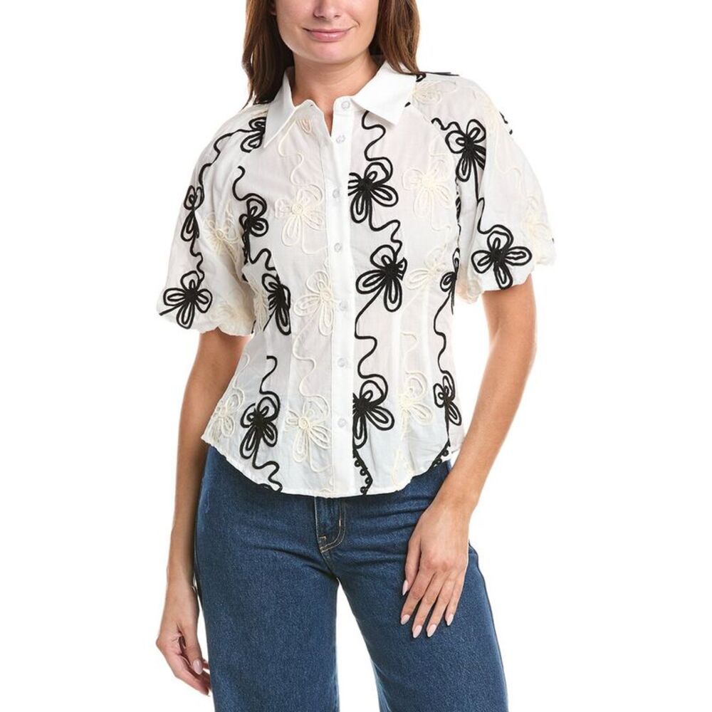 Gracia Womens Flower Stitch Puff Sleeve Shirt